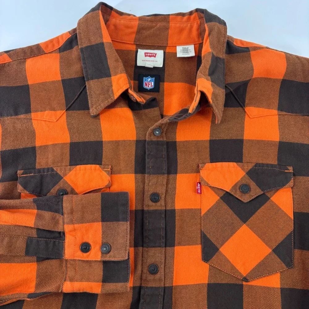 Levi's Western Flannel Shirt Men's XL Orange Black Buffalo Checkered Plaid NFL